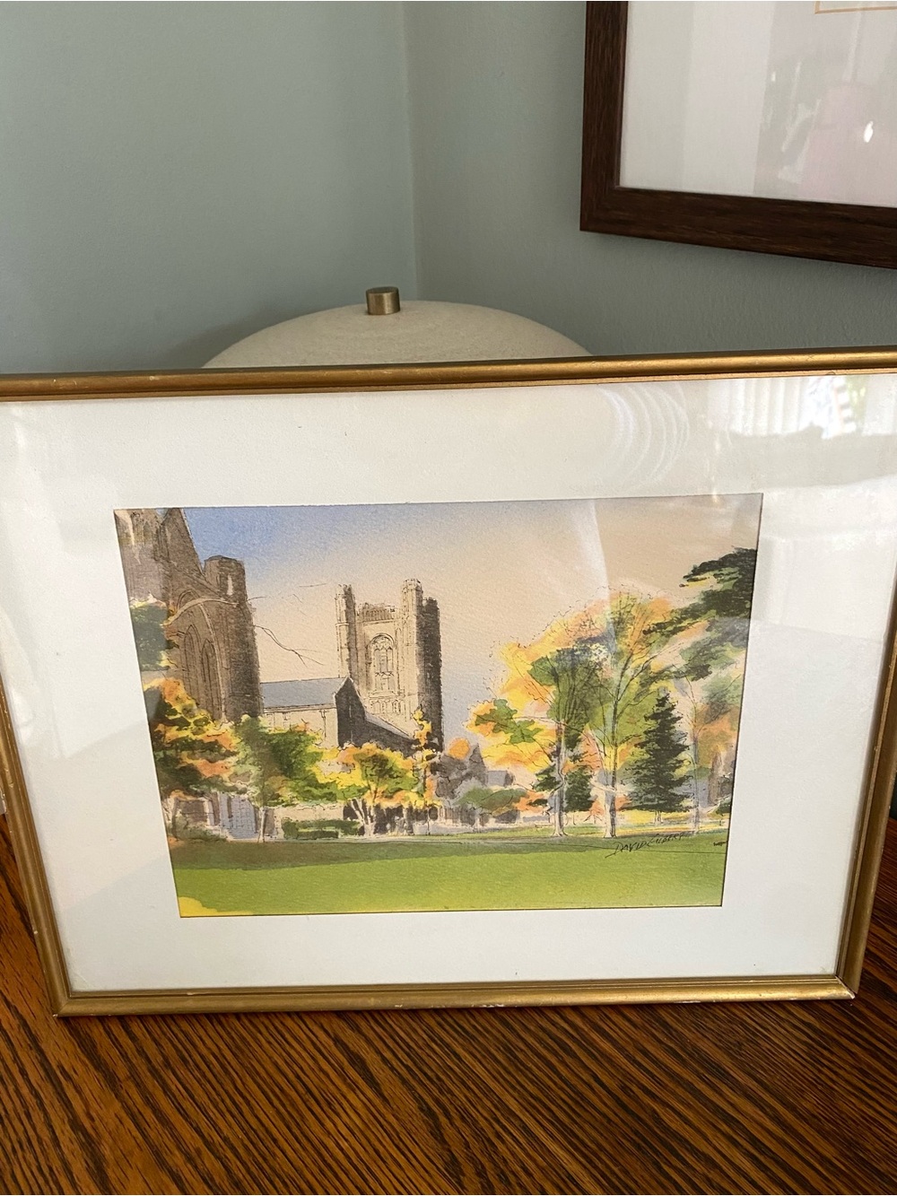 Vintage Framed Watercolor of Abbey Chapel and Williston Library Massachusetts